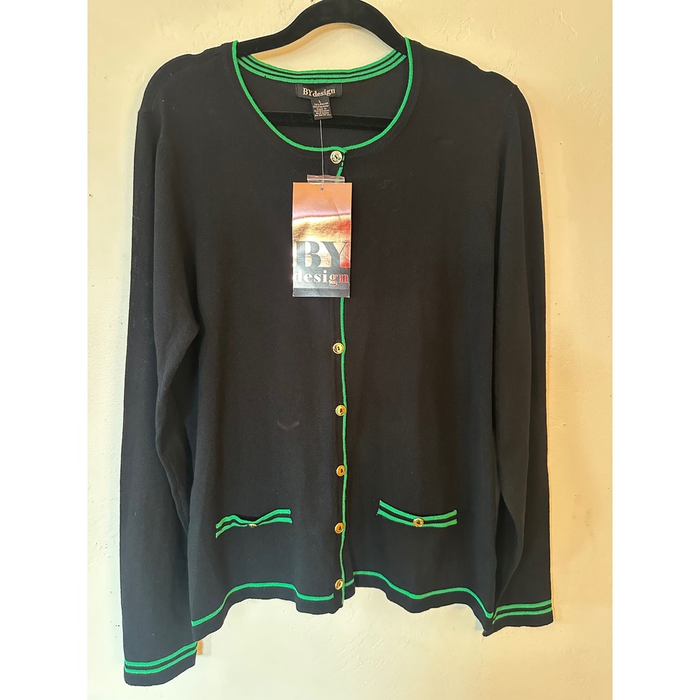 BYdesign Womens Black Fern Green Color Block Cardigan Sweater J01054A Large